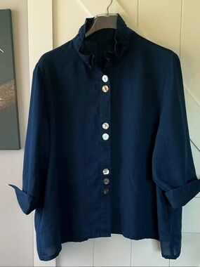 Fridaze-Women’s Navy Ruffle Stand-Collar Button Down Shirt